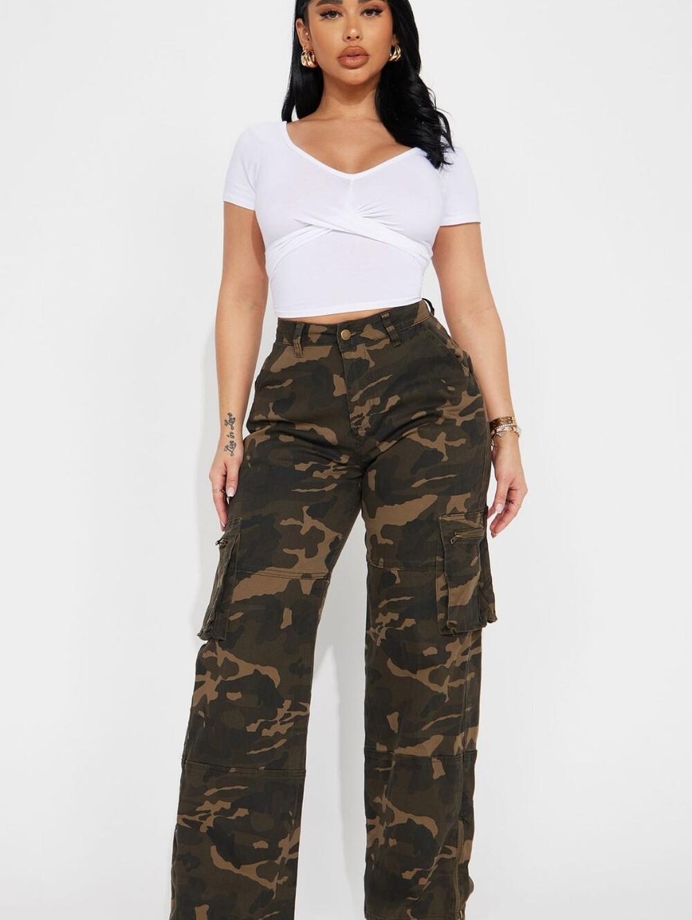 Fashion Nova Women's Olive & Black Camo Cargo Pants